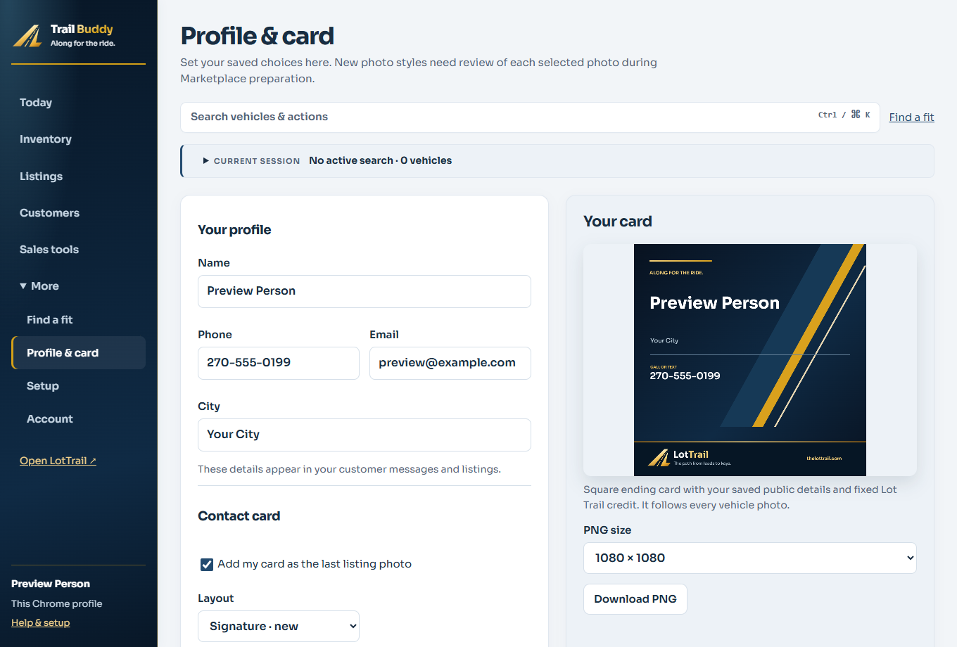 Illustrative Trail Buddy profile preview showing branding controls